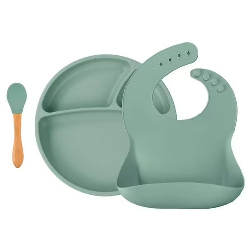 Set repas bébé en silicone – Assiette, cuillère et bavoir
